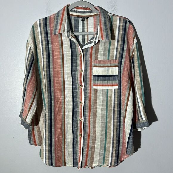 Unique Spectrum 100% Cotton Vertical Stripe Boxy Fit 3/4 Sleeve Button Up Shirt - Picture 1 of 6